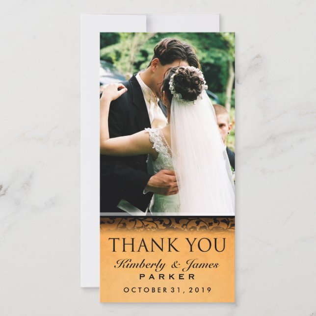 Halloween Orange & Black Wedding Photo Thank You Card (Front)
