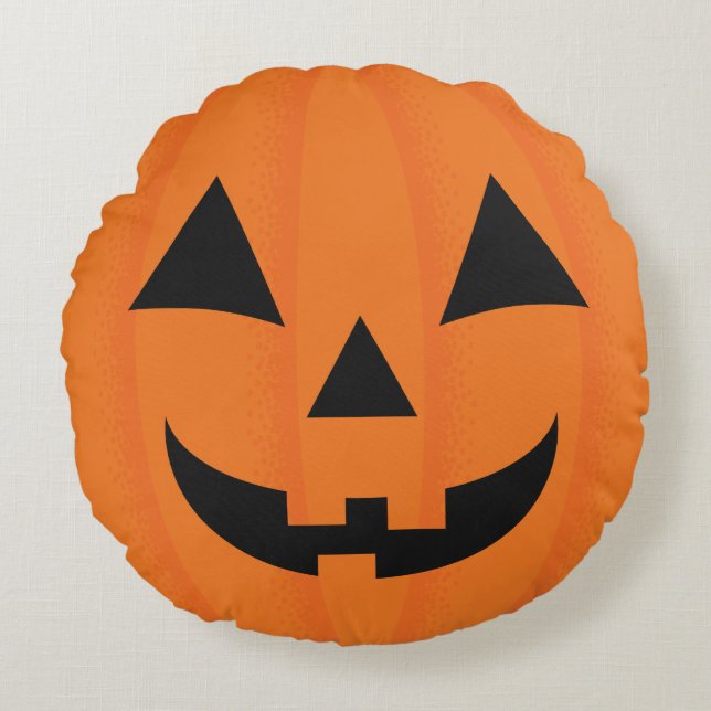 Halloween Orange Carved Happy Pumpkin Face Round Pillow (Front)