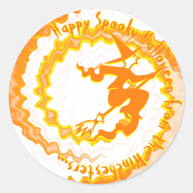Halloween orange flying witch magic spell text classic round sticker (Front)