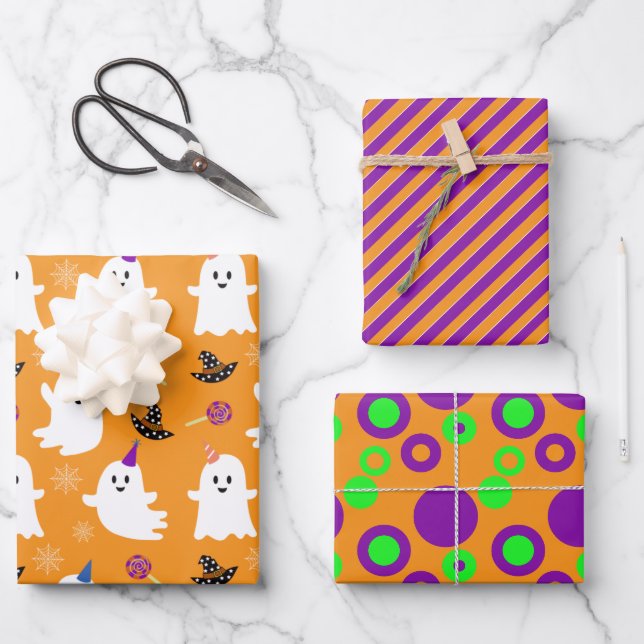Halloween Orange Ghost Cute Stripes Dots Kids Wrapping Paper Sheet (Front)