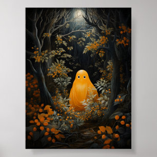 Halloween Orange Ghost Sitting In Creepy Forest Poster