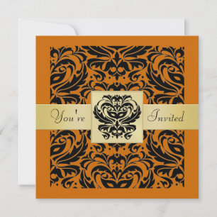 Halloween Orange Mask Black Damask Invitation