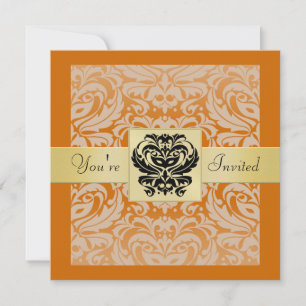 Halloween Orange Mask Damask Gold  Invitation