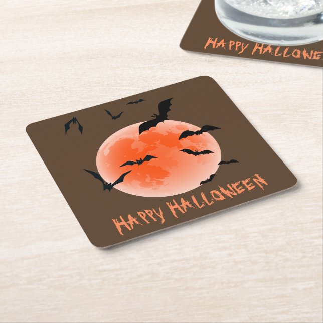 Halloween Orange Moon And Black Bats Square Paper Coaster (Angled)