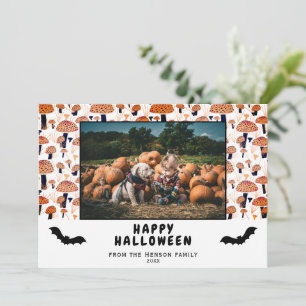Halloween Orange Mushroom Black Bat Fall Photo  Holiday Card