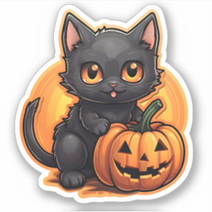 Halloween Orange Pumpkin Adorable Small Black Cat