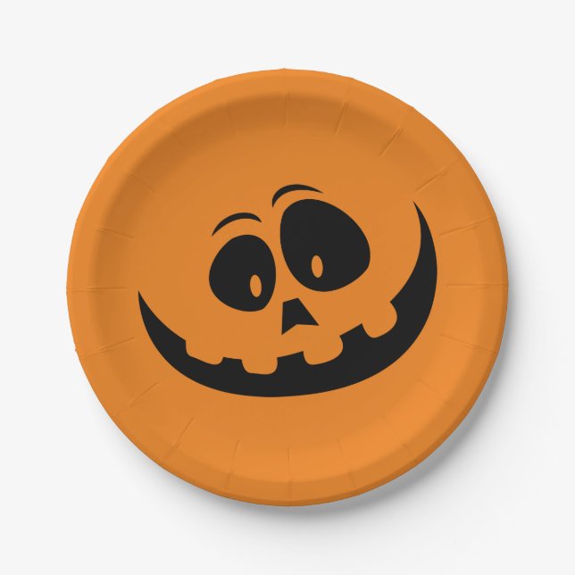 Halloween orange pumpkin spooky face autumn funny paper plate (Front)