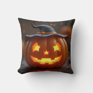 Halloween orange pumpkin wearing a witch hat throw pillow