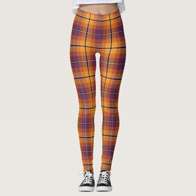 Halloween Orange & Purple Plaid Pattern Leggings (Front)