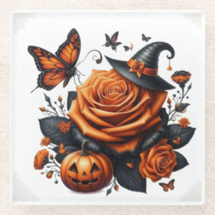 Halloween Orange Rose Witch Hat Pumpkin Glass Coaster