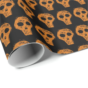 Halloween Orange Skull Pattern Black Wrapping Paper