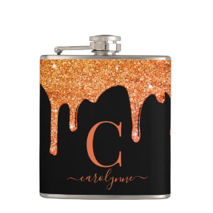 Halloween Orange Sparkle Glitter Drips Monogram Hip Flask