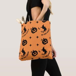 Halloween Orange Spooky Pumpkin Witch Tote Bag