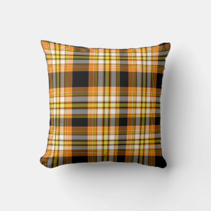 Halloween Orange, Yellow, White & Black Plaid Throw Pillow