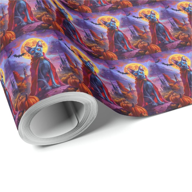 Halloween Oriental Blue Cat Vampire Pumpkins Scary Wrapping Paper (Roll Corner)