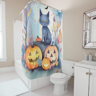 Halloween Oriental Blue Cat With Pumpkins Scary