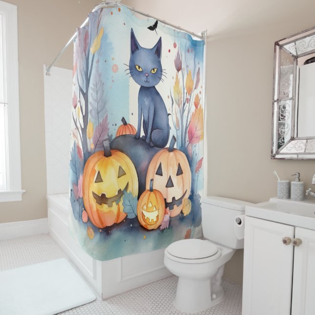 Halloween Oriental Blue Cat With Pumpkins Scary (In Situ)