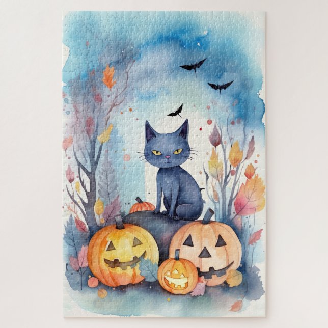 Halloween Oriental Blue Cat With Pumpkins Scary Jigsaw Puzzle (Vertical)