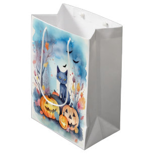 Halloween Oriental Blue Cat With Pumpkins Scary Medium Gift Bag