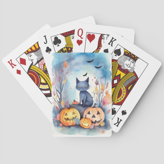 Halloween Oriental Blue Cat With Pumpkins Scary Playing Cards (Back)