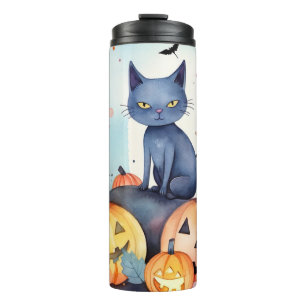 Halloween Oriental Blue Cat With Pumpkins Scary Thermal Tumbler