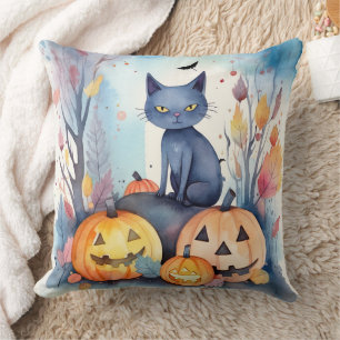 Halloween Oriental Blue Cat With Pumpkins Scary Throw Pillow