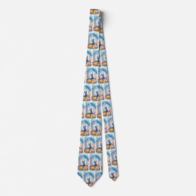 Halloween Oriental Blue Cat With Pumpkins Scary Tie (Front)