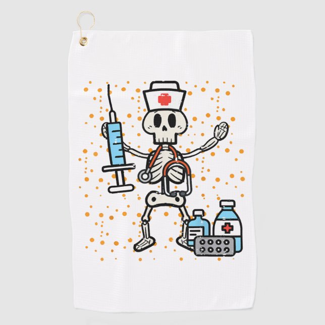 Halloween Orthopedic Nurse Skeleton Scrub Top Golf Towel (Front)