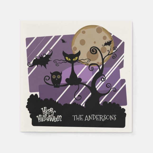 Halloween Owl and Cat Personalized Napkin (Front)