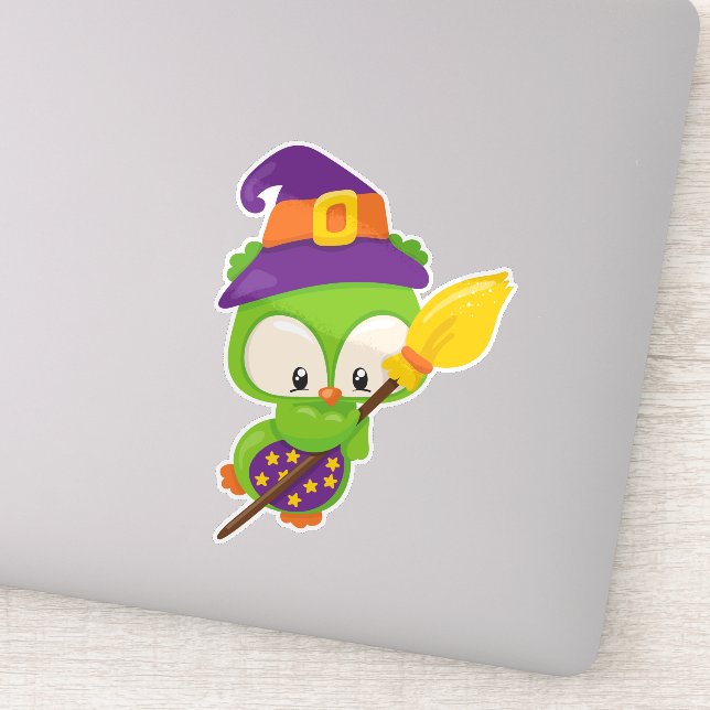 Halloween Owl, Cute Owl, Green Owl, Witch Broom (Detail)