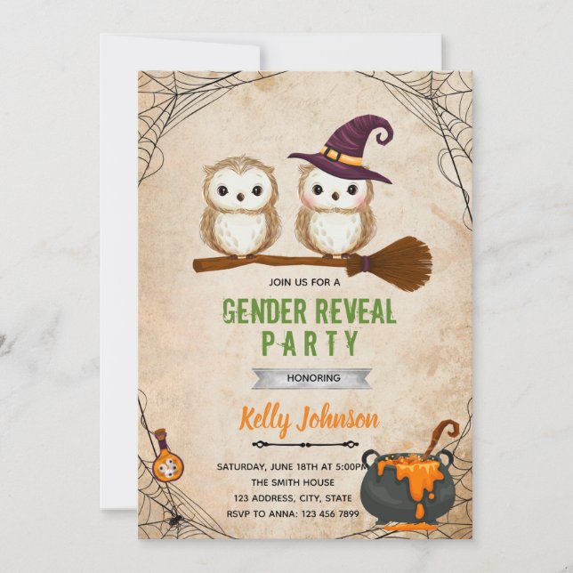 Halloween owl gender reveal invitation (Front)