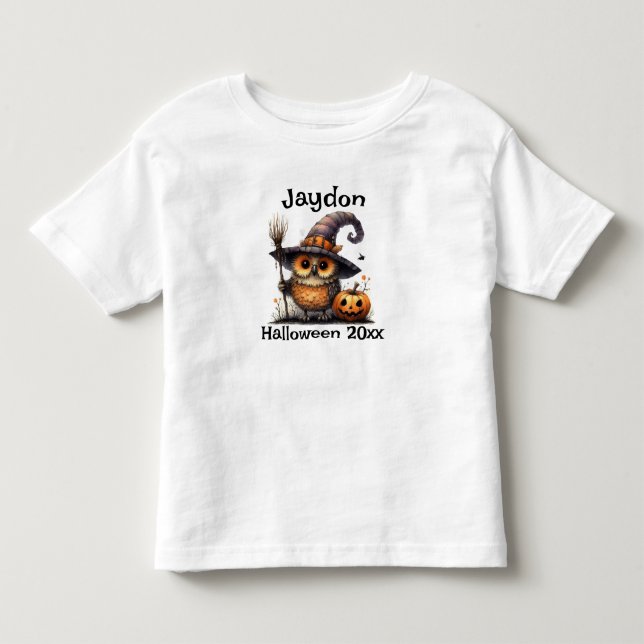 Halloween Owl in a Witch Hat Personalize Toddler T-shirt (Front)