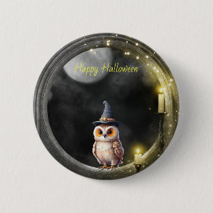 Halloween Owl in Round Tower Window 2 Inch Round Button