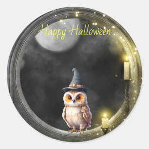 Halloween Owl in Round Tower Window Classic Round Sticker