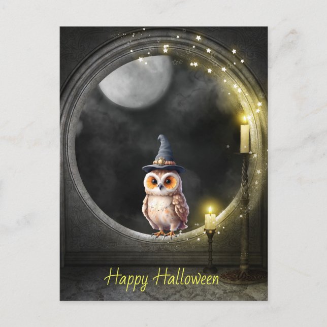 Halloween Owl in Round Tower Window Postcard (Front)