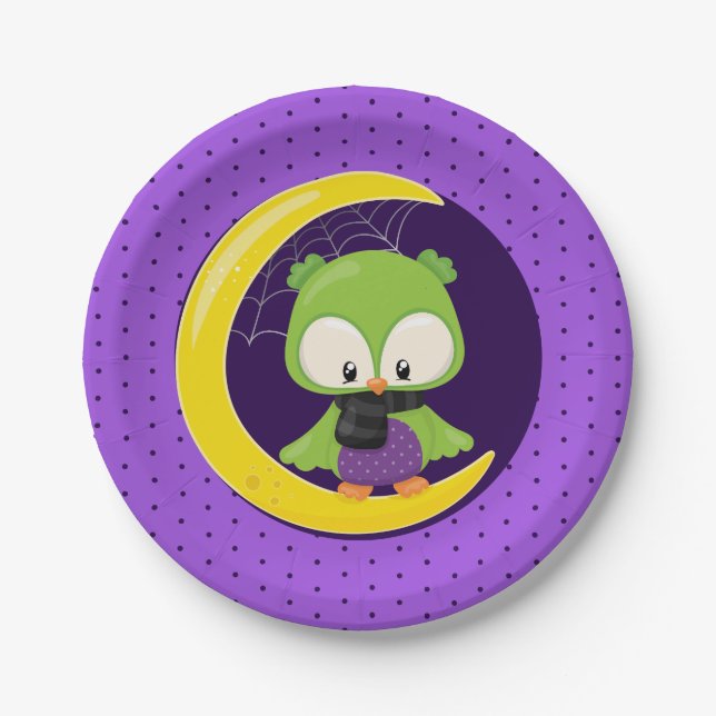 Halloween Owl Moon Purple Polka Dot Fun Party Paper Plate (Front)