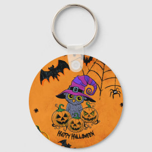 Halloween owl, pumpkins and bats classic round sti keychain