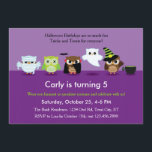 Halloween Owls in Costume Birthday  Invitation<br><div class="desc">This cute and colourful invitation is ideal to celebrate a Halloween costume birthday party. It features Owl characters dressed up in different Halloween costumes. You can see a mommy, Frankenstein, Vampire, Ghost and Witch costume. The background has two tones of purple. The unisex invitation is not scary yet it's fun...</div>
