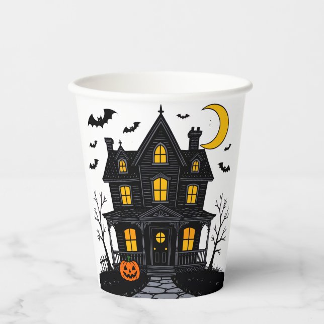 Halloween Paper Cup with Haunted House Design (Front)