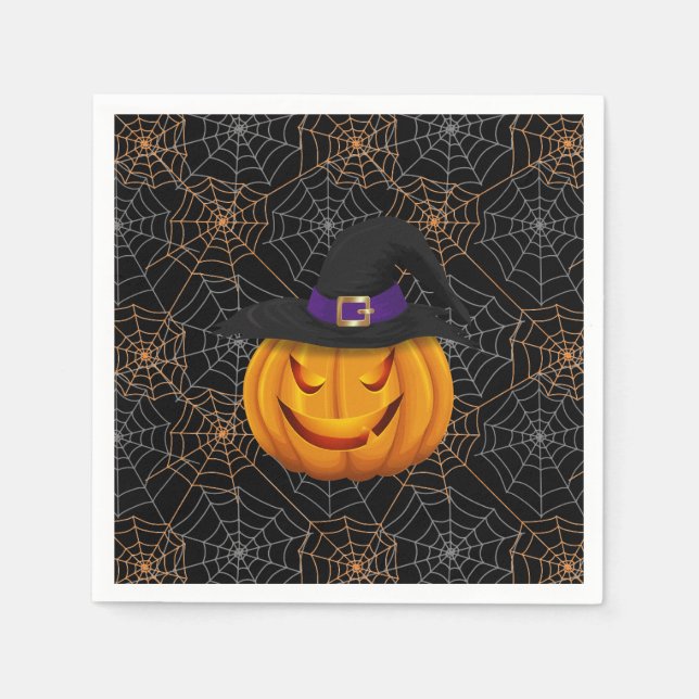 Halloween Paper Napkins-Spider Webs & Pumpkin   Napkin (Front)