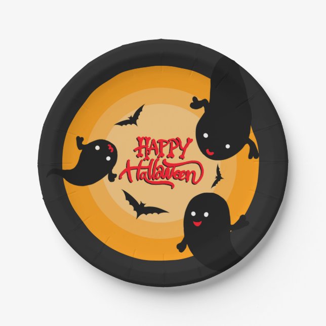 Halloween Paper Party Plate with Ghosts and Bats (Front)