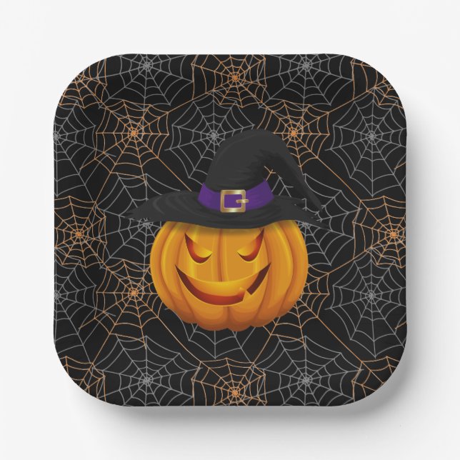 Halloween Paper Plates-Spider Webs & Pumpkin Plate (Front)