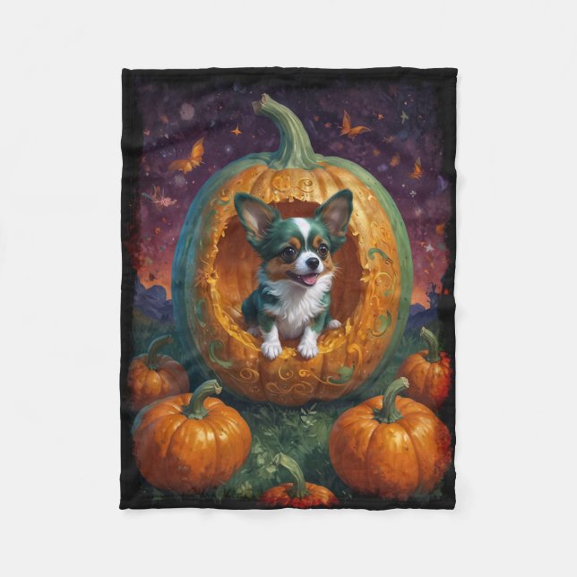 Halloween Papillon Puppy Living in a Pumpkin  Fleece Blanket (Front)