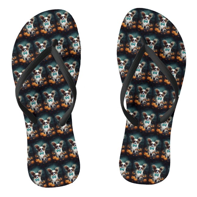 Halloween Papillon With Pumpkins Scary  Flip Flops (Footbed)