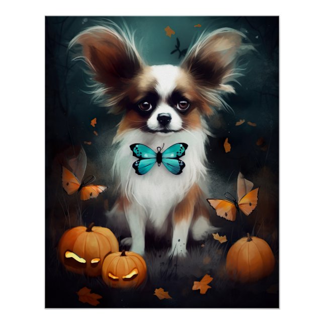 Halloween Papillon With Pumpkins Scary  Poster (Front)