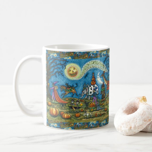 HALLOWEEN PARADE Witch Giraffe Bear Zebra Skellies Coffee Mug (With Donut)