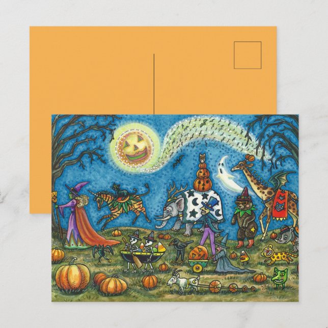 HALLOWEEN PARADE Witch Giraffe Bear Zebra Skellies Holiday Postcard (Front/Back)