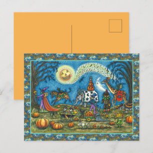 HALLOWEEN PARADE Witch Giraffe Bear Zebra Skellies Holiday Postcard