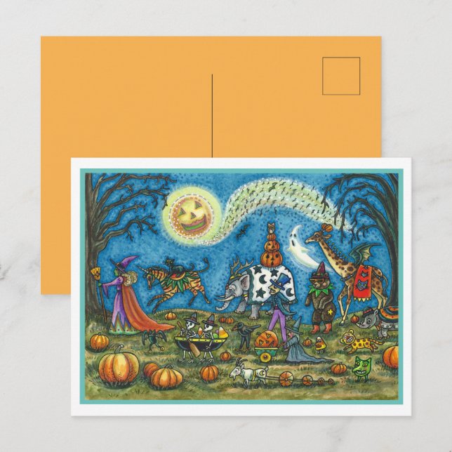 HALLOWEEN PARADE Witch Giraffe Bear Zebra Skellies Holiday Postcard (Front/Back)