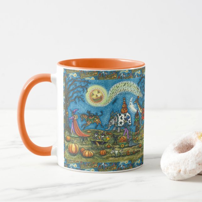 HALLOWEEN PARADE Witch Giraffe Bear Zebra Skellies Mug (With Donut)